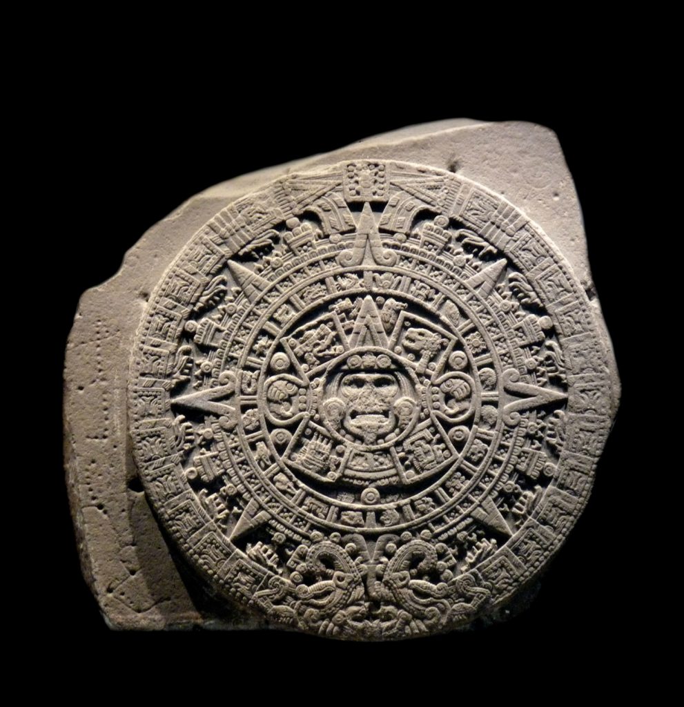 The Aztec calendar stone, Sun stone, or Stone of the Five Eras is a late post-classic Mexican sculpture saved in the National Anthropology Museum, Mexico City and is perhaps the most famous work of Aztec sculpture. Circa 15th century