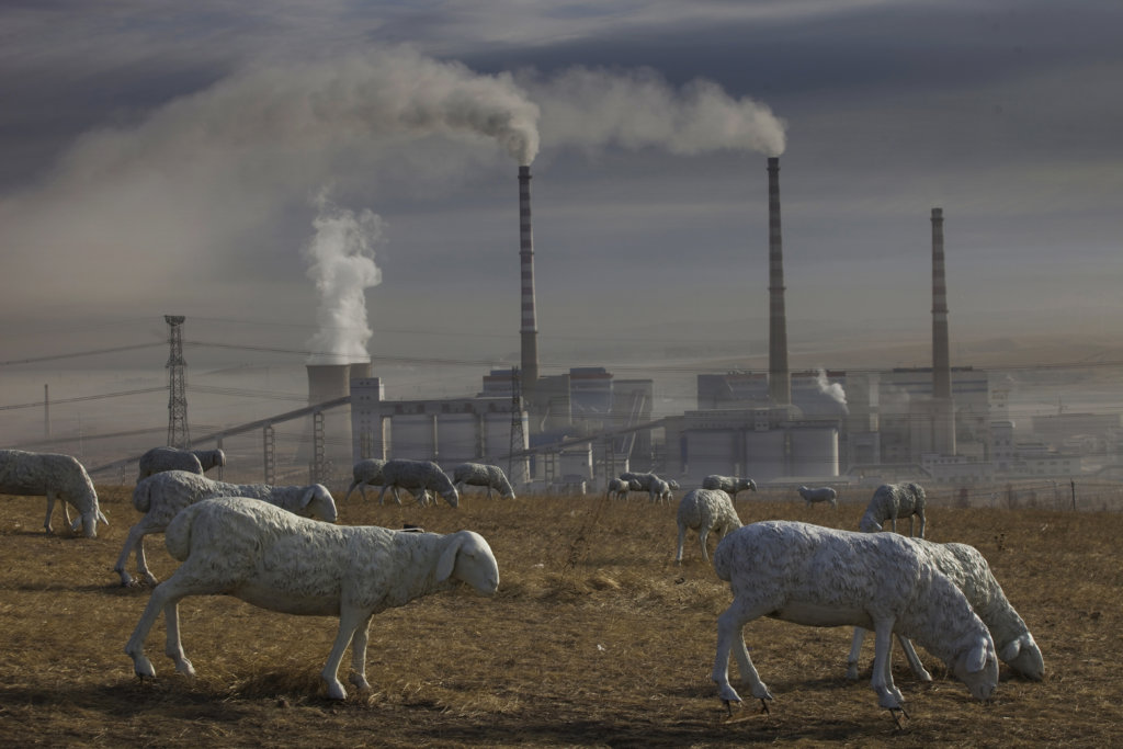 盧廣作品《被污染的風景》揭露蒙古大草原被工業和採礦業嚴重污染，大批牛羊死亡，政府以人造牛羊雕塑取而代之，來偽造「風吹草低見牛羊」的昔日美景。