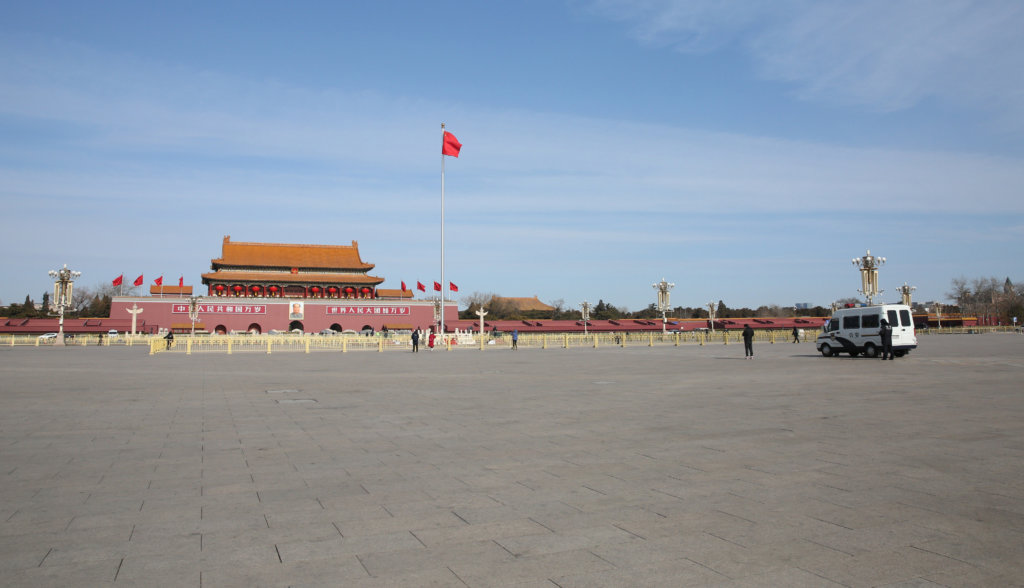 Few peope are seen at Tiananmen Square in Beijing, China on February 1, 2020, amid a growing concern to spread a new type of coronavirus reportedly through a person to person transmission. The number of the patients who have been infected with a new coronavirus has reached to 9,782 and the death toll has been confirmed over 213 so far as of January 31th in China. As the outbreak continues to spread outside China, the World Health Organization declared the new coronavirus a Global Health Emergency on Jan 31st. ( The Yomiuri Shimbun )