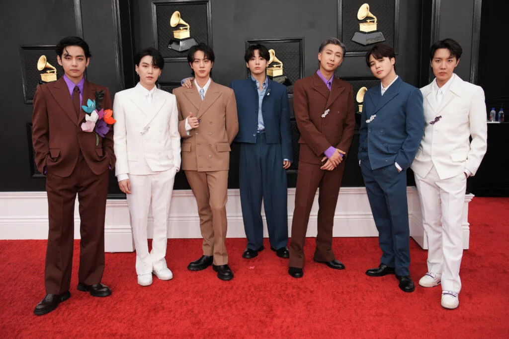 LAS VEGAS, NEVADA - APRIL 03: BTS attends the 64th Annual GRAMMY Awards at MGM Grand Garden Arena on April 03, 2022 in Las Vegas, Nevada. (Photo by Jeff Kravitz/FilmMagic)