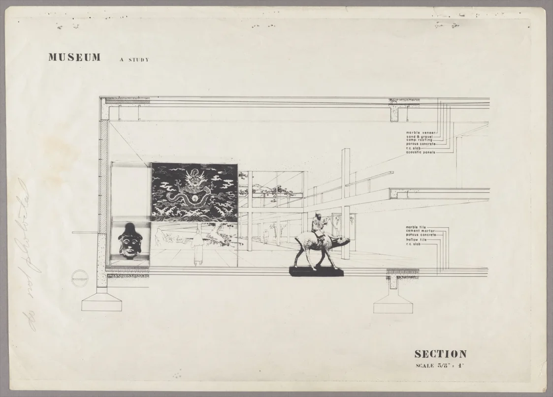 貝聿銘哈佛碩士論文中的《上海中華藝術博物館》剖面繪圖，1946年，由哈佛大學設計學院弗朗西斯．洛布圖書館提供。