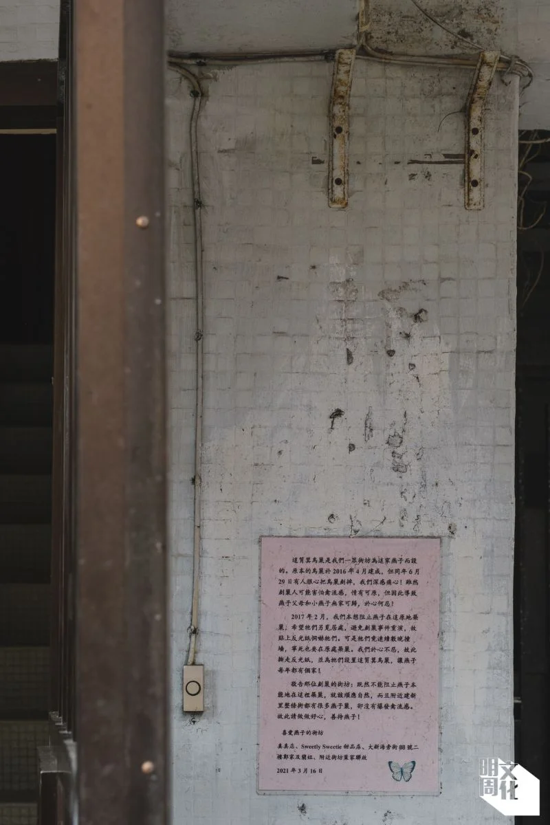 數年前，樓梯旁的地舖店主和部分住戶在樓梯口張貼了一張聯名公開信，嘗試說服鏟巢住戶善待燕子。不過，目前地舖店主已經搬走，當年的燕巢也已棄用。
