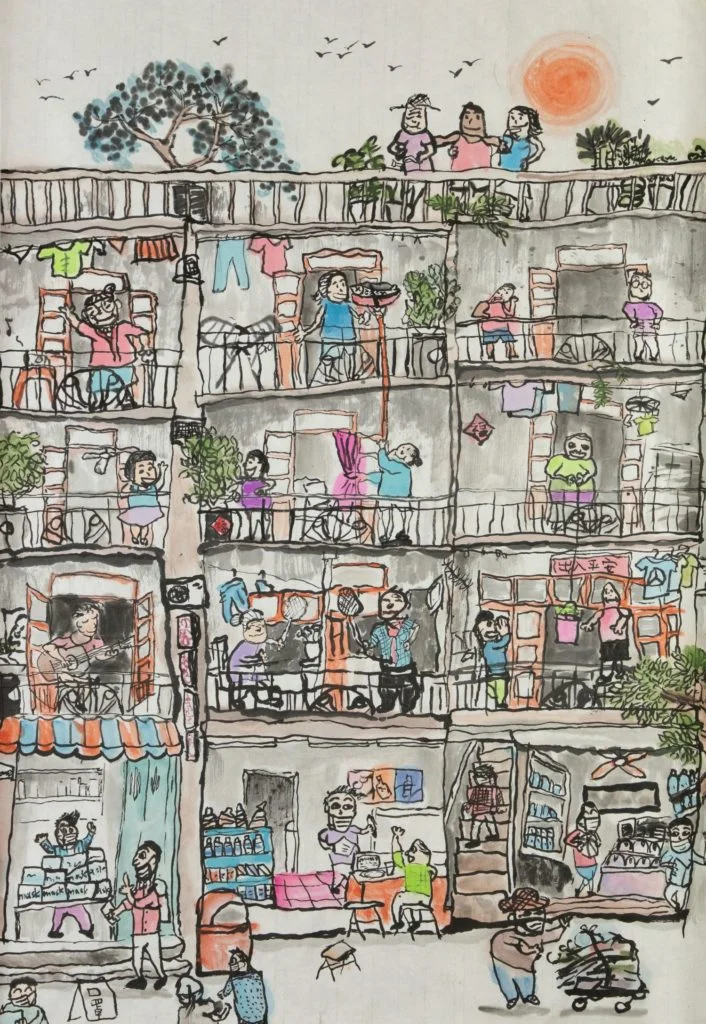 《2020左鄰右里》反映香港生活環境的密集性，當年只得十二歲的蔡旭，以充滿童真的角度，描繪不同住家和店舖內的細節以及鄰里的互動，把城市的細節壓縮到畫中的唐樓空間。
