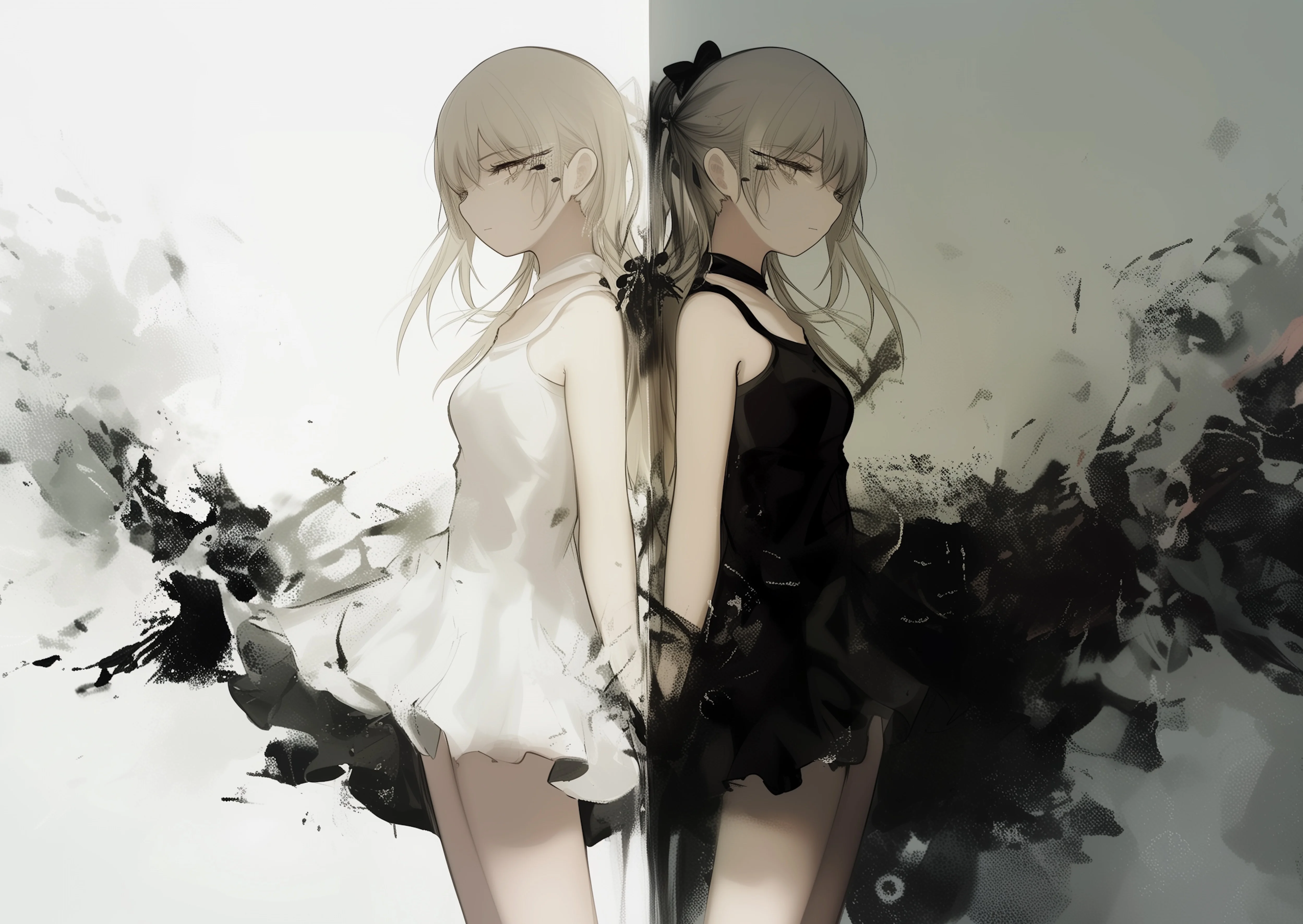 full body image of a twin pair of girls, standing back to back, with contrasting styles, the one on the left is wearing a simple white dress, looking pure and innocent, the other one on the right is wearing a sexy black dress, looking aggressive and demonic --ar 5:3 --style raw --niji 6 Job ID: 9201c968-3b2e-48f3-ad77-1f9708f89888