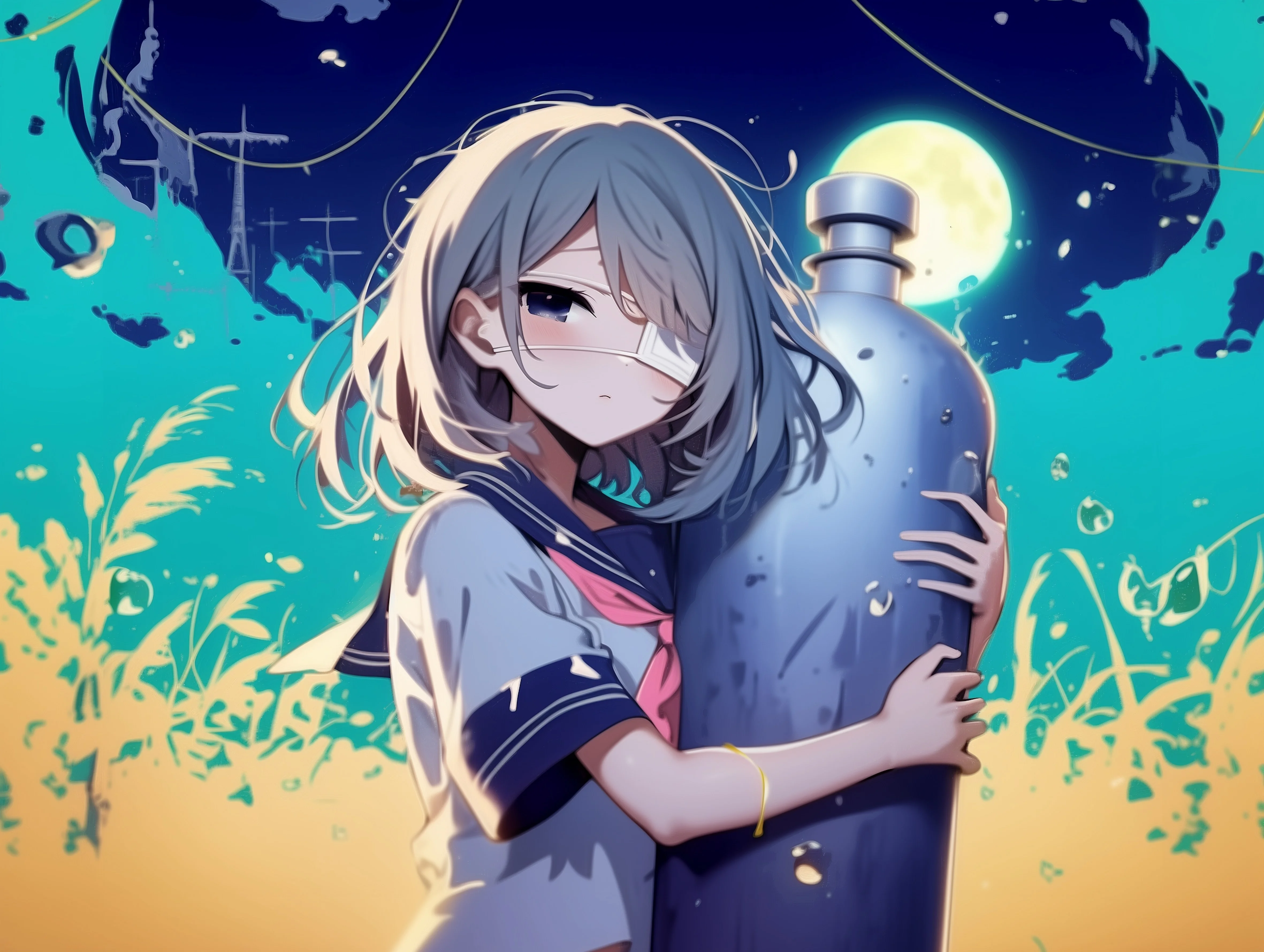 a girl in sailor-style school uniform, hugging a huge gas can in her arms, her left eye is covered by a white eyepatch, there is gas tube connected to the top of the can --ar 77:58 --stylize 500 --niji 6 Job ID: d19d37bc-ae83-484b-a940-8dbaef22ef32