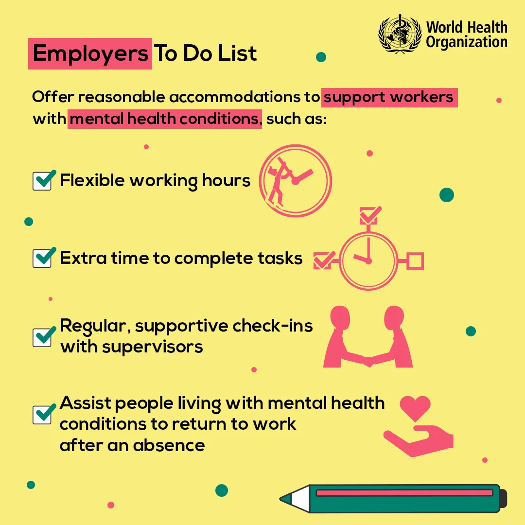 世衛列出「Employers To Do List（僱主待辦清單）」，若僱主面臨受精神困擾的員工，可以作出相關支援。