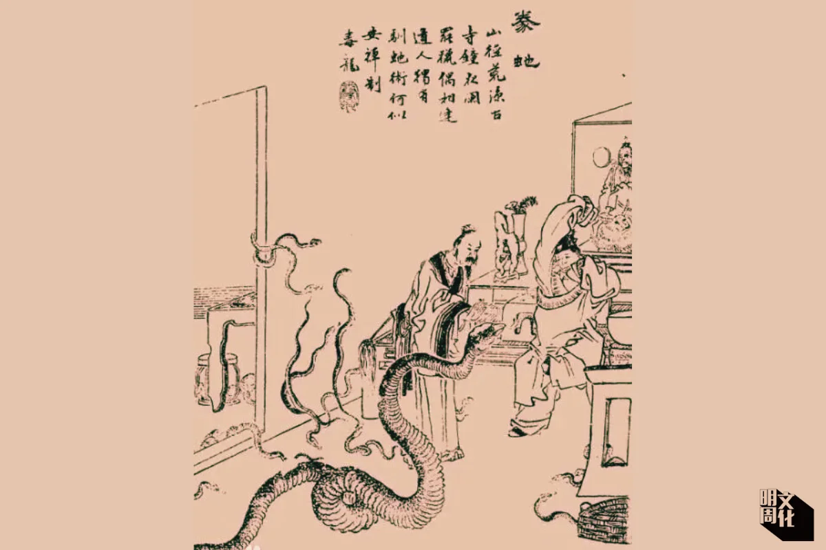 蒲松齡《聊齋誌異．豢蛇》插圖。故事中羣蛇亂舞，昂首吐舌，怒目而視，又作噬人狀，但從頭到尾，沒有傷害過任何人，人作為掌管權位土地的在上位者，反而驚駭恐懼，惶然不安，心魔作祟，無法正確對待內心對「外物」的恐懼。