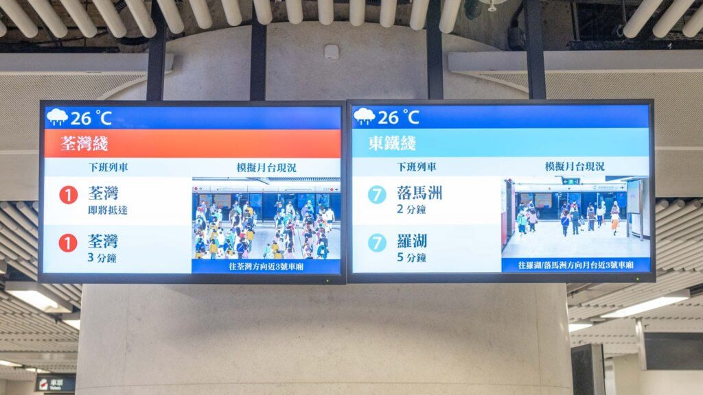 加設在金鐘站大堂及轉車月台的「過海易」，為乘客提供荃灣綫及東鐵綫月台的實時候車情況。
